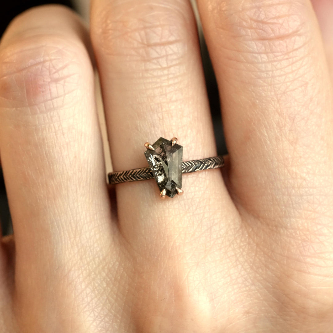 Kite Diamond Ring: RTS 14k Solid Rose Gold Natural Translucent Black Hexagon Kite Shape Salt and Pepper Diamond Ring in US size 6.25