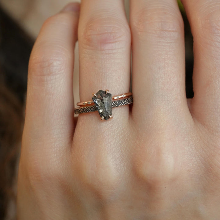 Kite Diamond Ring: RTS 14k Solid Rose Gold Natural Translucent Black Hexagon Kite Shape Salt and Pepper Diamond Ring in US size 6.25
