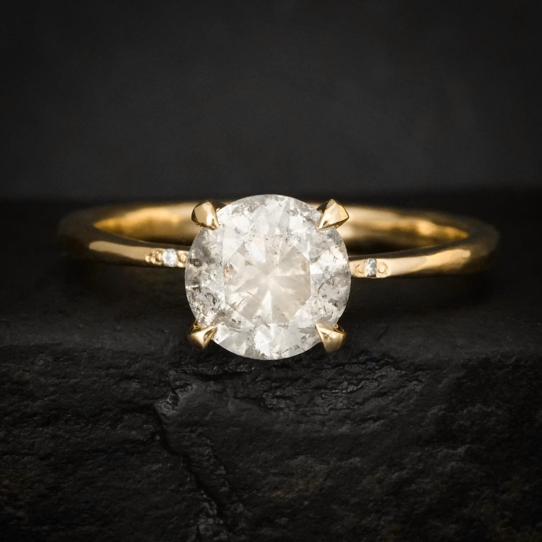 Galaxy Diamond Ring: RTS 14k Solid Yellow Gold 4 Prong Set Round Brilliant Cut Natural Salt and Pepper Diamond Ring in US size 6.75