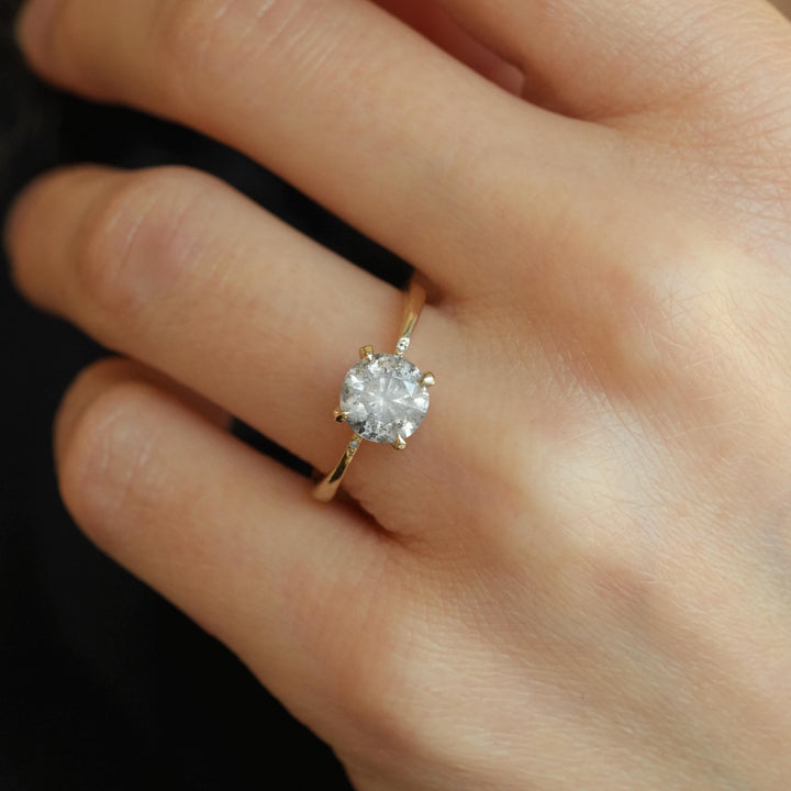 Galaxy Diamond Ring: RTS 14k Solid Yellow Gold 4 Prong Set Round Brilliant Cut Natural Salt and Pepper Diamond Ring in US size 6.75