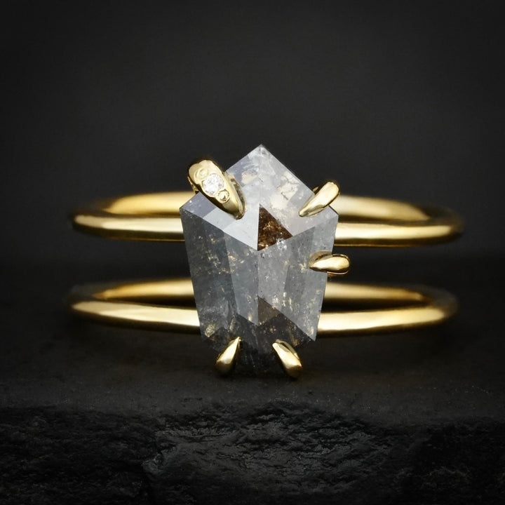 Kite Diamond Ring: RTS Solid 18k Yellow Gold 5 Prong Set Grey Natural Hexagon Shape Salt and Pepper Diamond Double Band Ring in US size 6.75