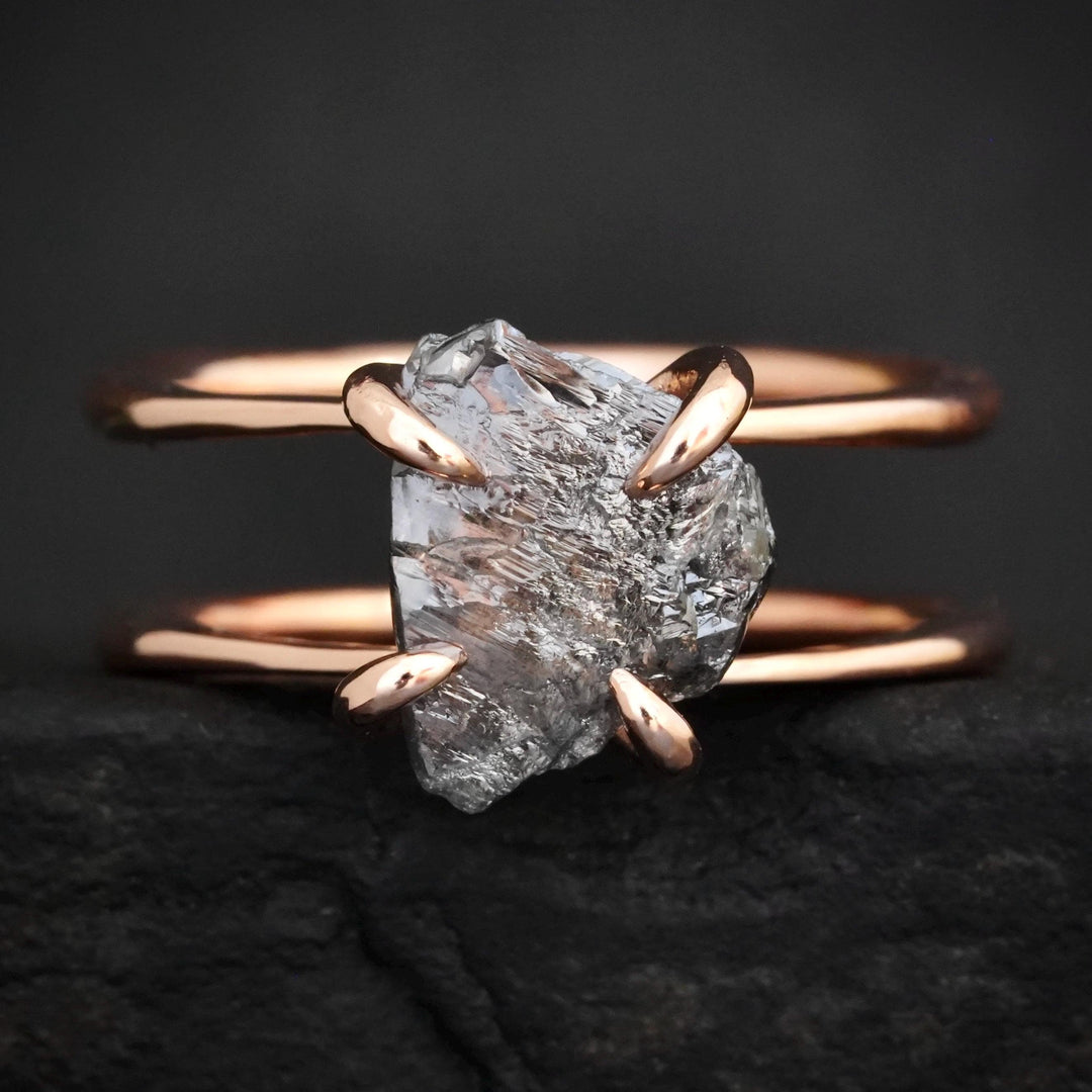 RTS Raw Uncut Diamond Ring. Rose Gold Grey Salt and Pepper Galaxy Diamond Double Band Engagement Ring. Unique Diamond Engagement Ring