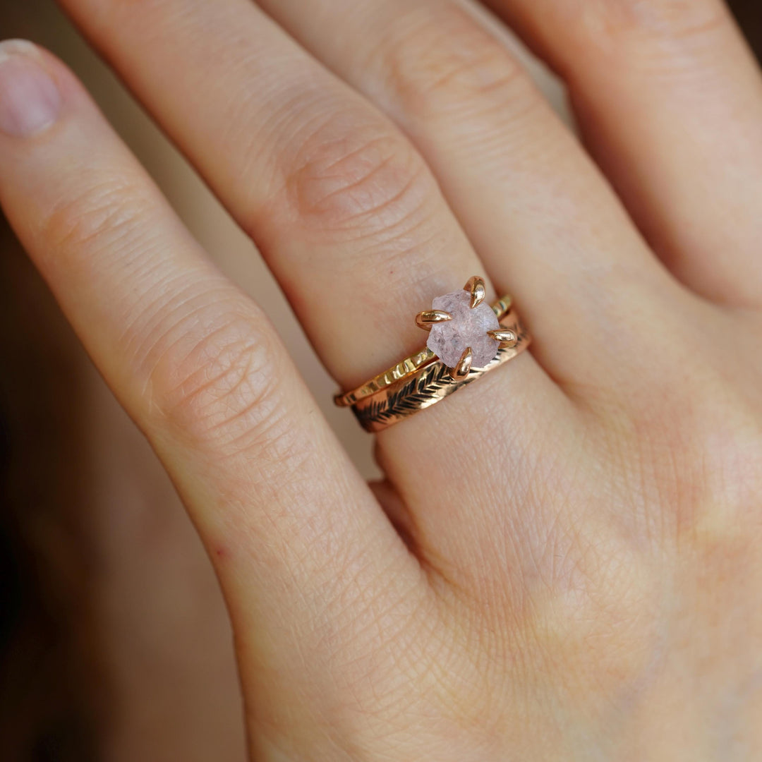 High Set Raw Morganite Stone Ring Perfectly Matching Band
