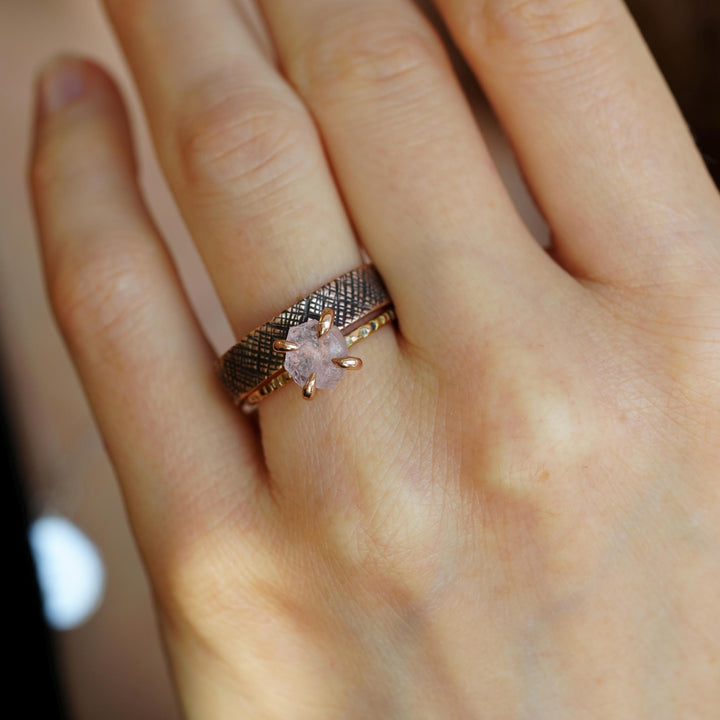 High Set Raw Morganite Stone Ring Perfectly Matching Band