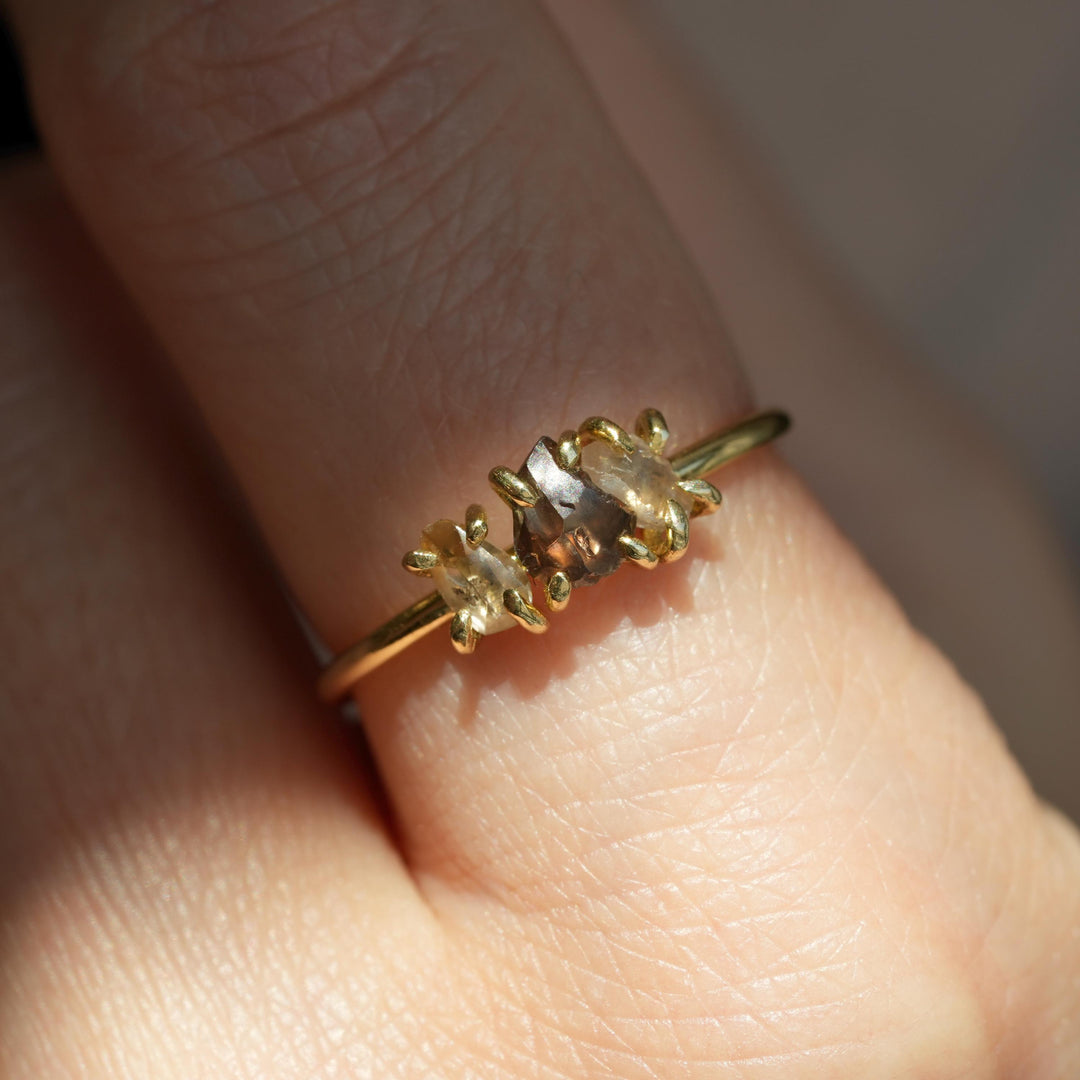 Brown Diamond Ring: RTS Solid 18k Yellow Gold Prong Set 3 Uncut Raw Brown Diamond Ring in US size 7.25 / UK size O