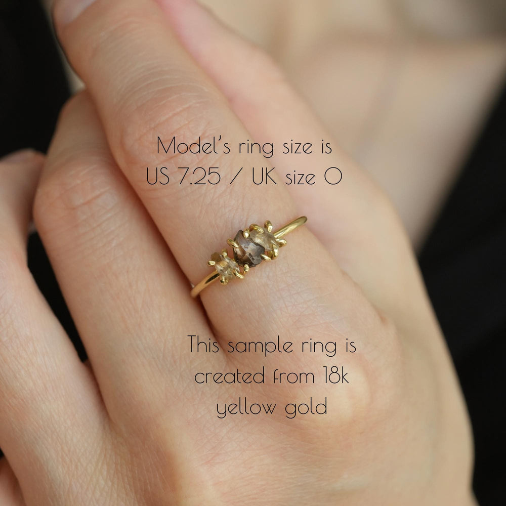 Brown Diamond Ring: RTS Solid 18k Yellow Gold Prong Set 3 Uncut Raw Brown Diamond Ring in US size 7.25 / UK size O