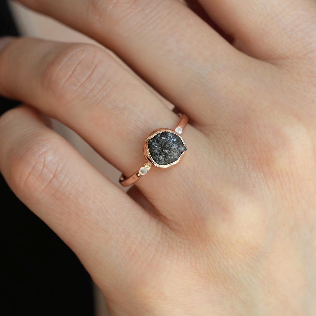 Black Diamond Ring: RTS 14k Rose Gold Bezel Set Raw Uncut Black Diamond Ring in US size 6.5 / UK size M 1/2