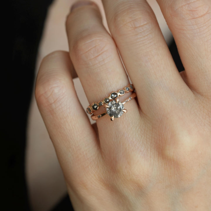 Galaxy Diamond Ring: RTS 14k Solid Rose Gold Round Brilliant Cut Prong Set Grey Salt and Pepper Diamond Ring in US size 5.25