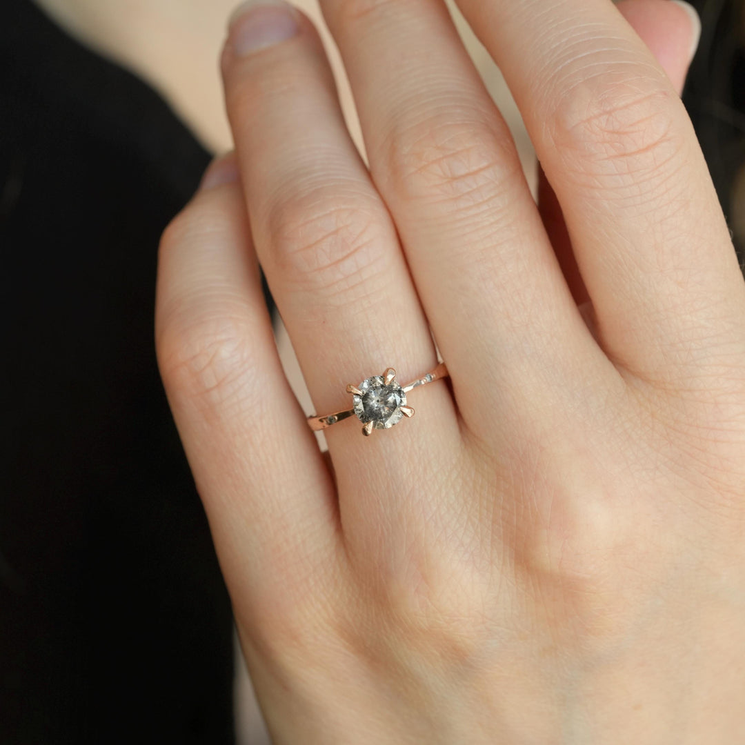Galaxy Diamond Ring: RTS 14k Solid Rose Gold Round Brilliant Cut Prong Set Grey Salt and Pepper Diamond Ring in US size 5.25