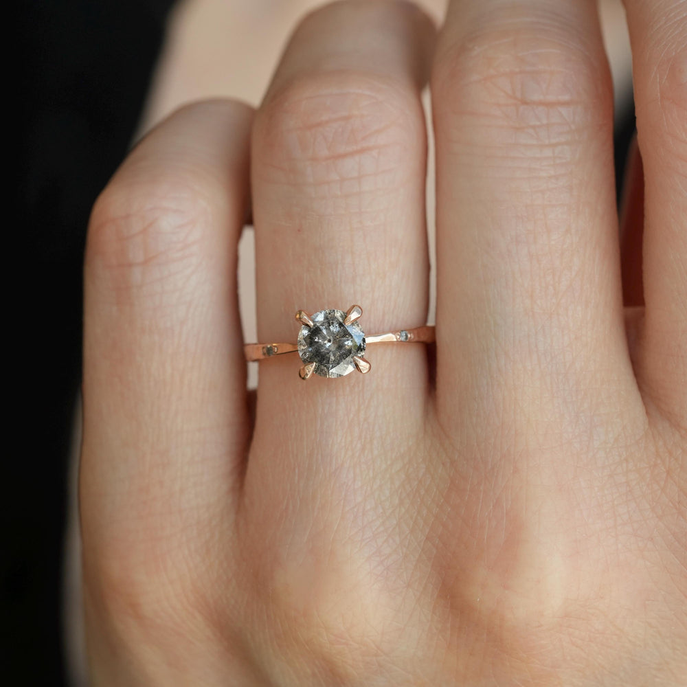 Galaxy Diamond Ring: RTS 14k Solid Rose Gold Round Brilliant Cut Prong Set Grey Salt and Pepper Diamond Ring in US size 5.25
