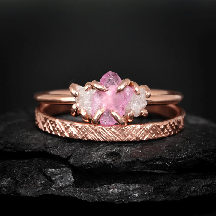 Pink Sapphire Ring: RTS Solid 14k Rose Gold Raw Uncut Pink Sapphire and Raw White Diamond 3 Stone Ring in US size 5 / UK size J 1/2