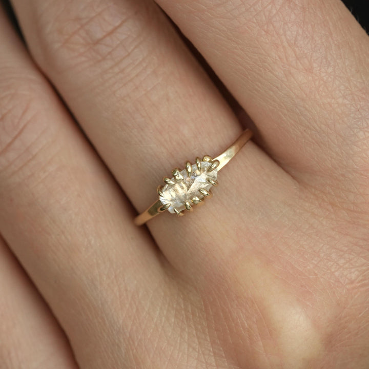 Diamond Crystal Ring: RTS 14k Solid Yellow Gold 12 Prong Set Natural Untreated and Uncut Raw Clear Diamond Ring in US size 5.75 / UK size L