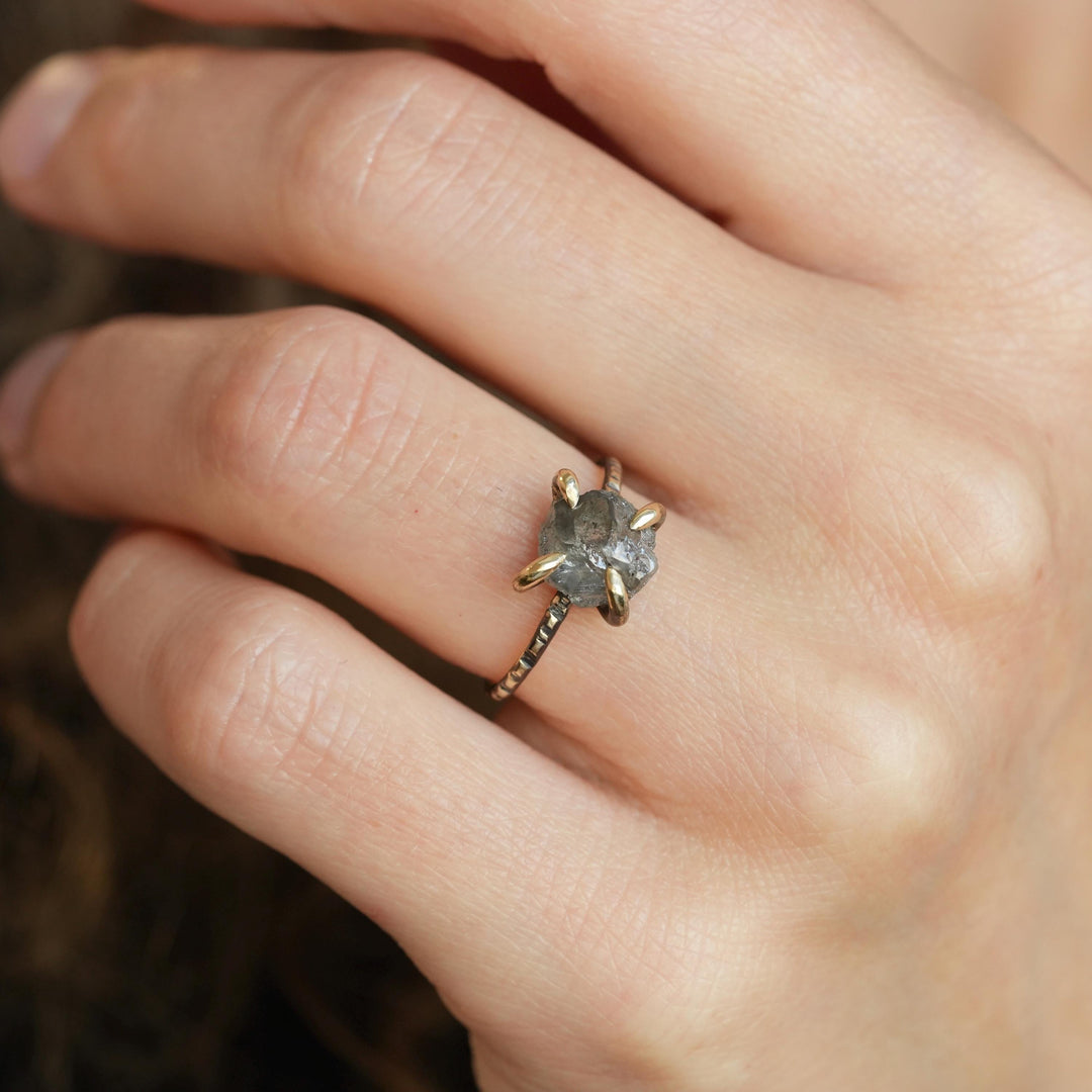 Raw Diamond Ring: RTS 14k Solid Yellow Gold 4 Prong Set Raw Grey Salt and Pepper Galaxy Diamond Ring in US size 4.75 / UK size J