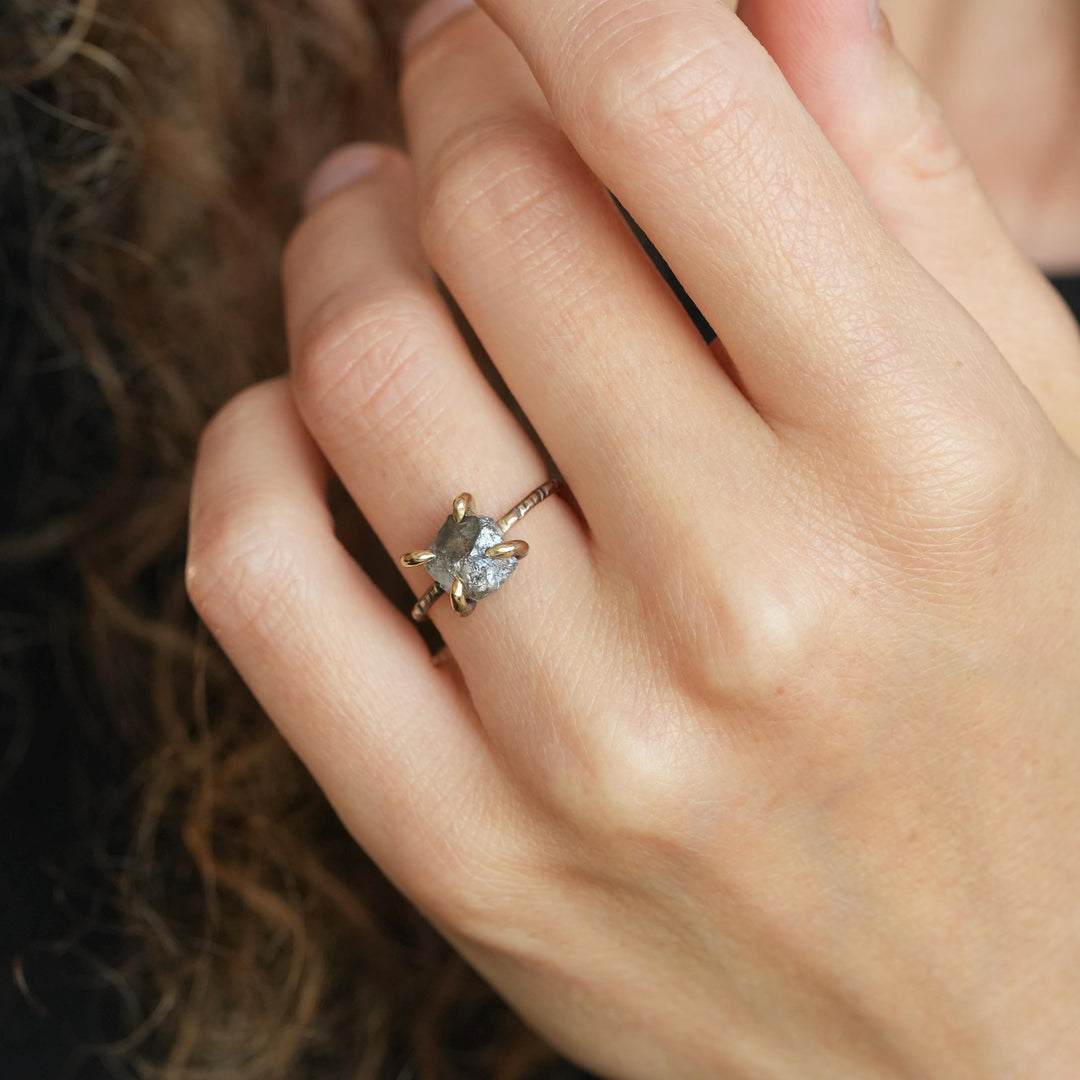 Raw Diamond Ring: RTS 14k Solid Yellow Gold 4 Prong Set Raw Grey Salt and Pepper Galaxy Diamond Ring in US size 4.75 / UK size J