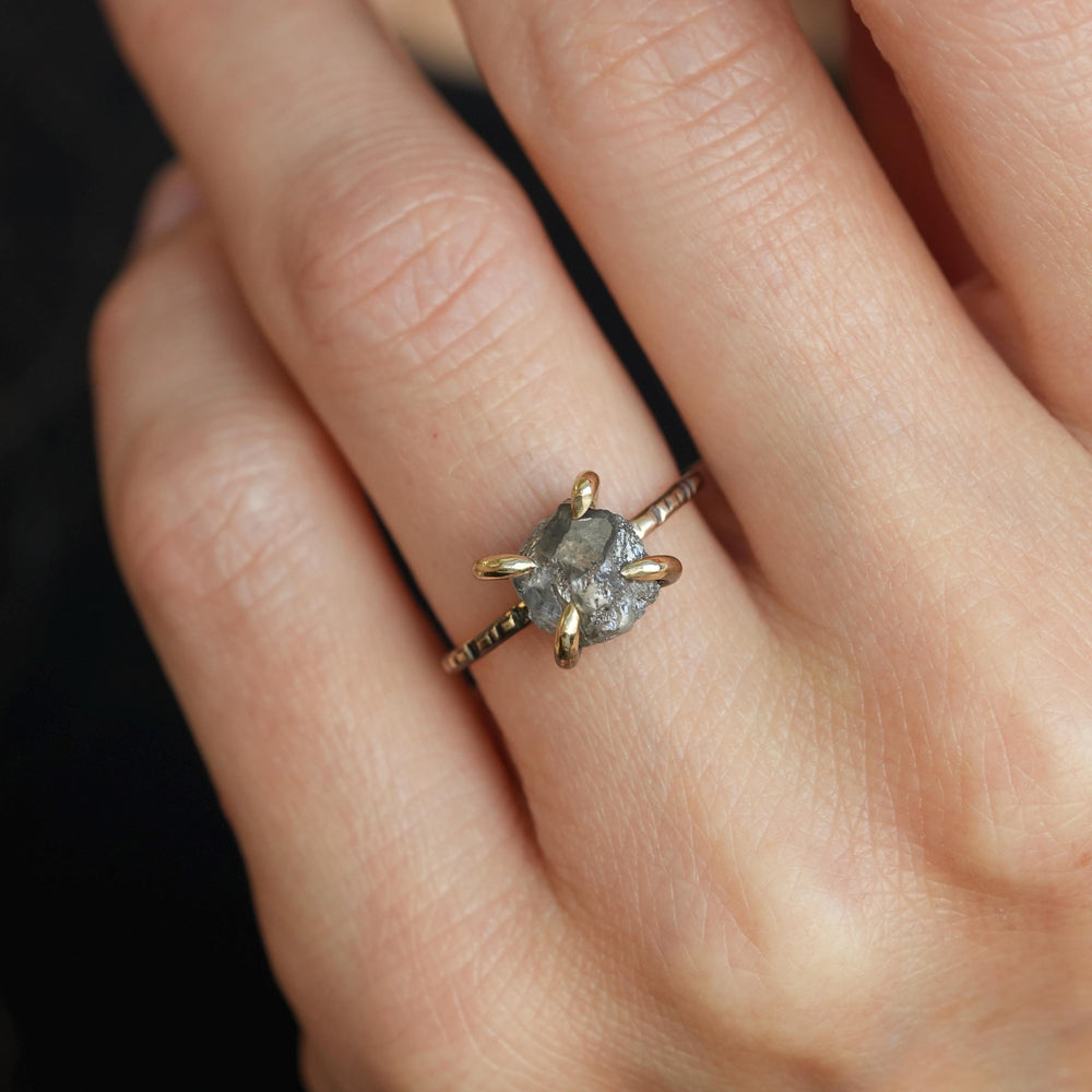 Raw Diamond Ring: RTS 14k Solid Yellow Gold 4 Prong Set Raw Grey Salt and Pepper Galaxy Diamond Ring in US size 4.75 / UK size J