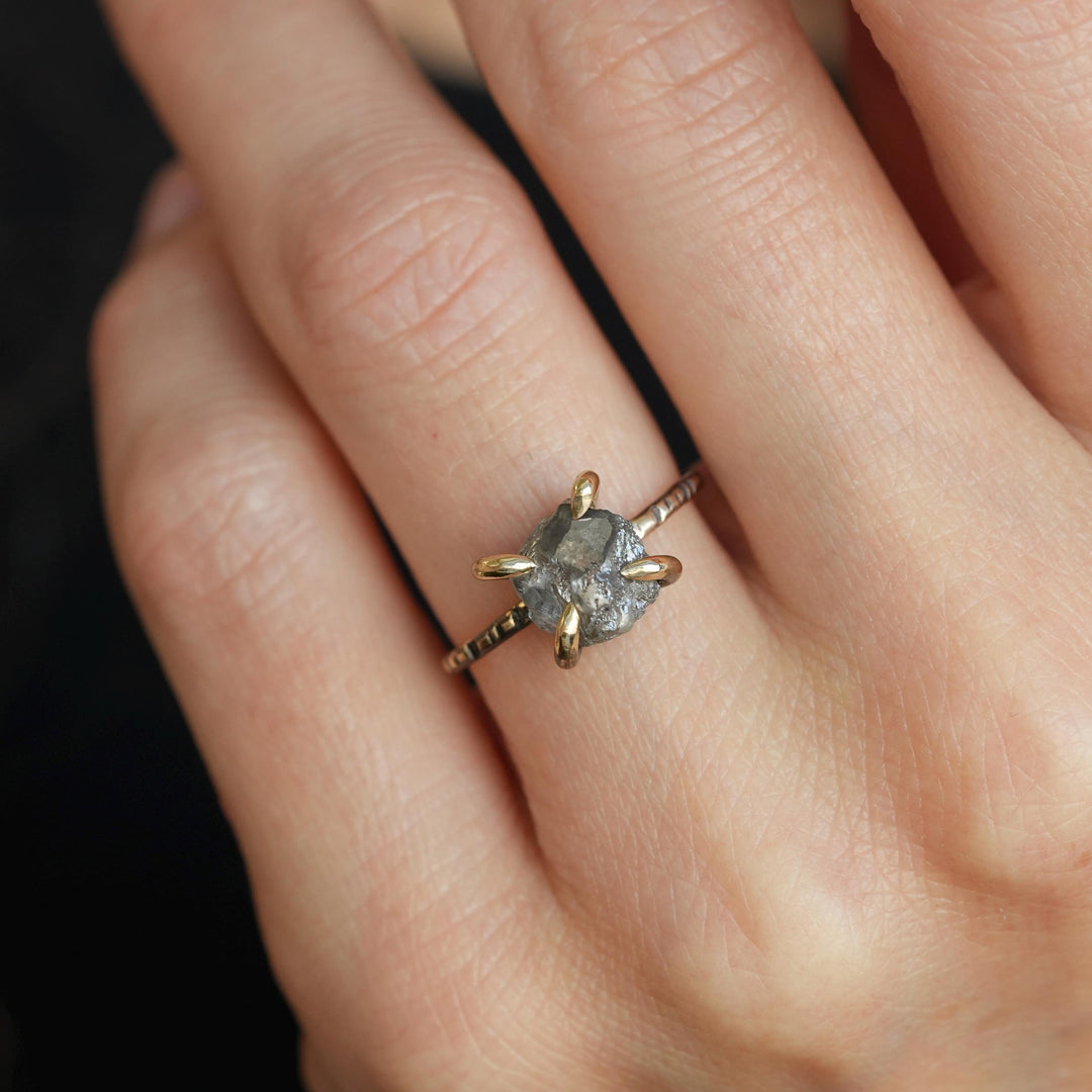 Raw Diamond Ring: RTS 14k Solid Yellow Gold 4 Prong Set Raw Grey Salt and Pepper Galaxy Diamond Ring in US size 4.75 / UK size J