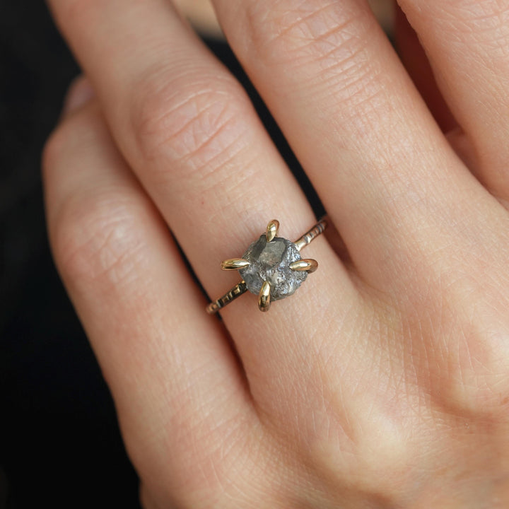 Raw Diamond Ring: RTS 14k Solid Yellow Gold 4 Prong Set Raw Grey Salt and Pepper Galaxy Diamond Ring in US size 4.75 / UK size J