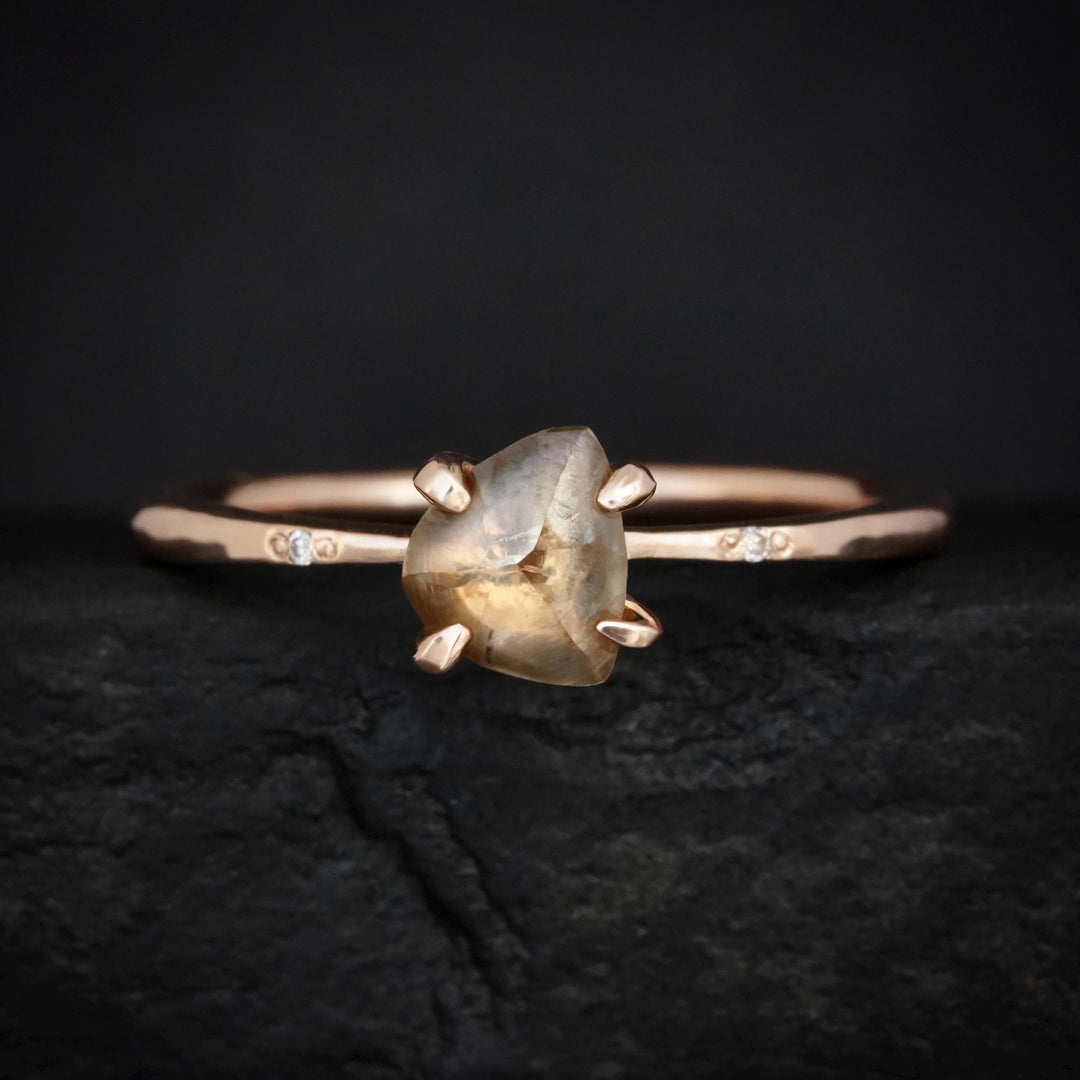 Brown Diamond Ring: RTS Solid 14k Rose Gold 4 Prong Set Natural Triangular Shape Raw Uncut Diamond Crystal Ring in US size 4.75