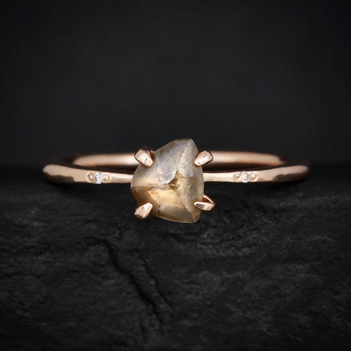 Brown Diamond Ring: RTS Solid 14k Rose Gold 4 Prong Set Natural Triangular Shape Raw Uncut Diamond Crystal Ring in US size 4.75