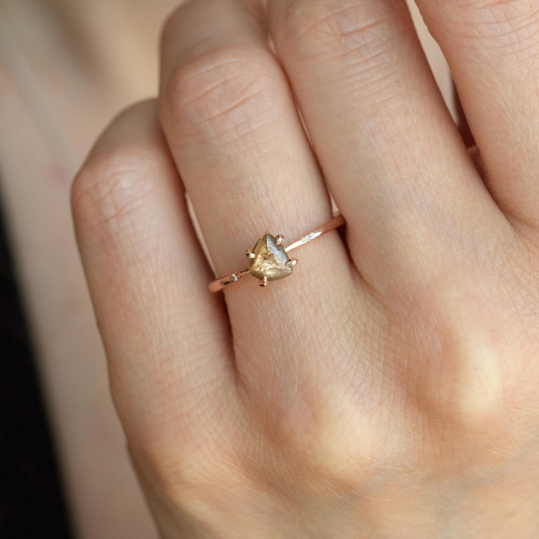 Brown Diamond Ring: RTS Solid 14k Rose Gold 4 Prong Set Natural Triangular Shape Raw Uncut Diamond Crystal Ring in US size 4.75