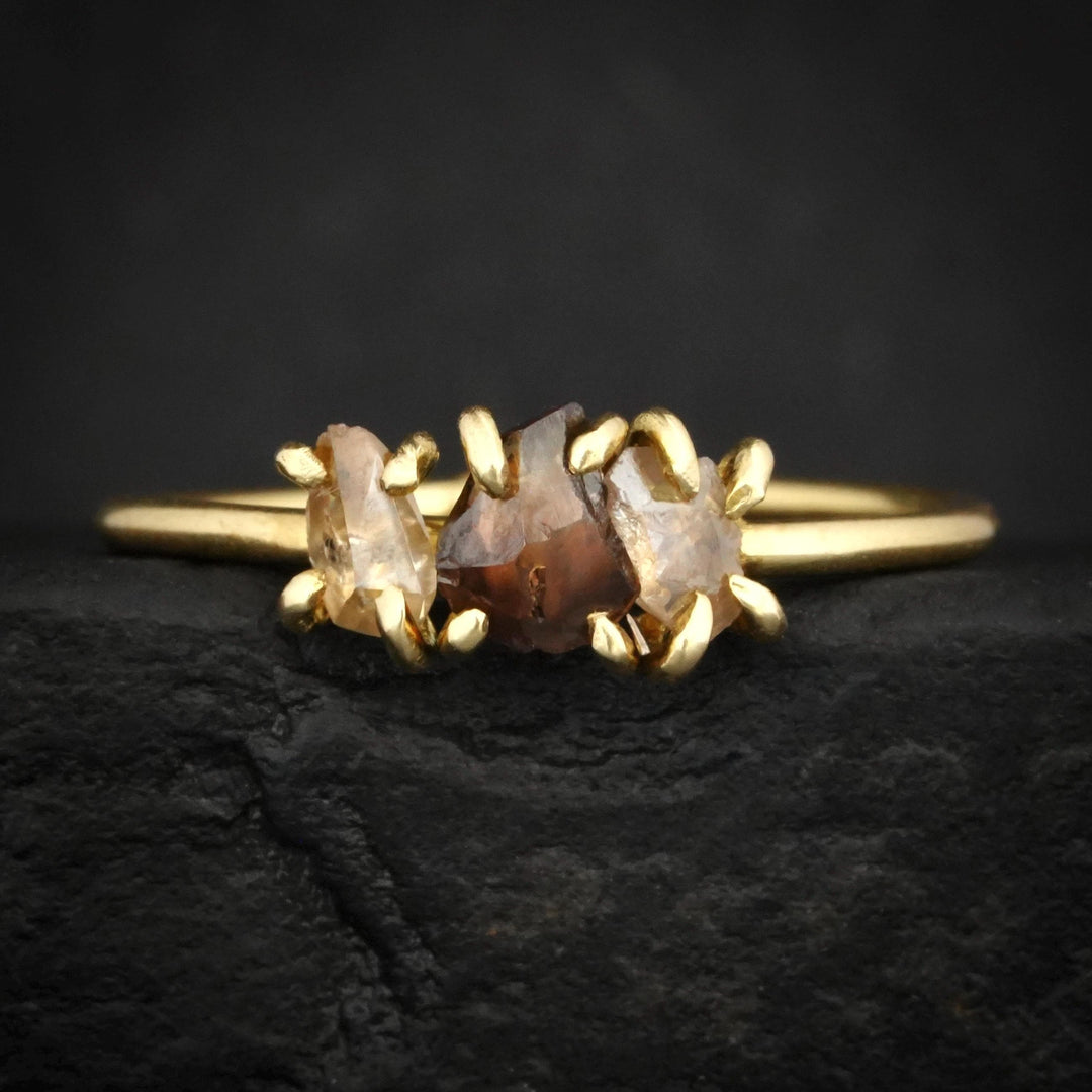 Brown Diamond Ring: RTS Solid 18k Yellow Gold Prong Set 3 Uncut Raw Brown Diamond Ring in US size 7.25 / UK size O