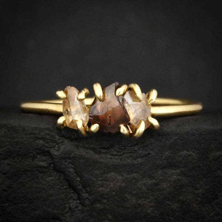 Brown Diamond Ring: RTS Solid 18k Yellow Gold Prong Set 3 Uncut Raw Brown Diamond Ring in US size 7.25 / UK size O