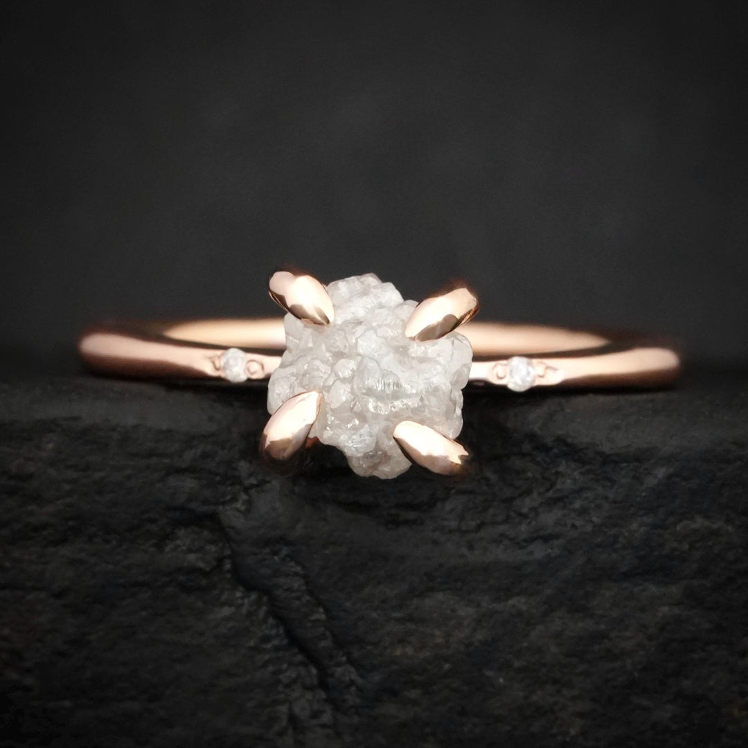 1 Carat Diamond Ring: RTS 14k Solid Rose Gold 4 Prong Set Raw Uncut Round Greyish White Diamond Ring in US size 5 / UK size J 1/2