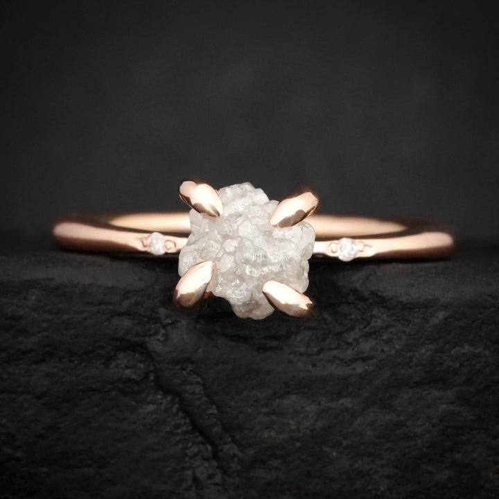 1 Carat Diamond Ring: RTS 14k Solid Rose Gold 4 Prong Set Raw Uncut Round Greyish White Diamond Ring in US size 5 / UK size J 1/2