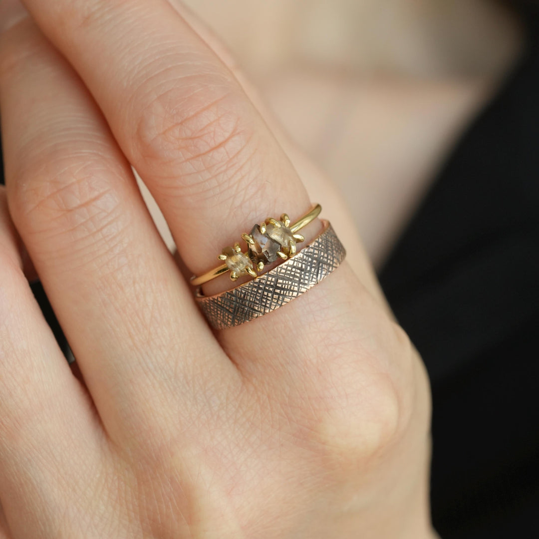 Brown Diamond Ring: RTS Solid 18k Yellow Gold Prong Set 3 Uncut Raw Brown Diamond Ring in US size 7.25 / UK size O