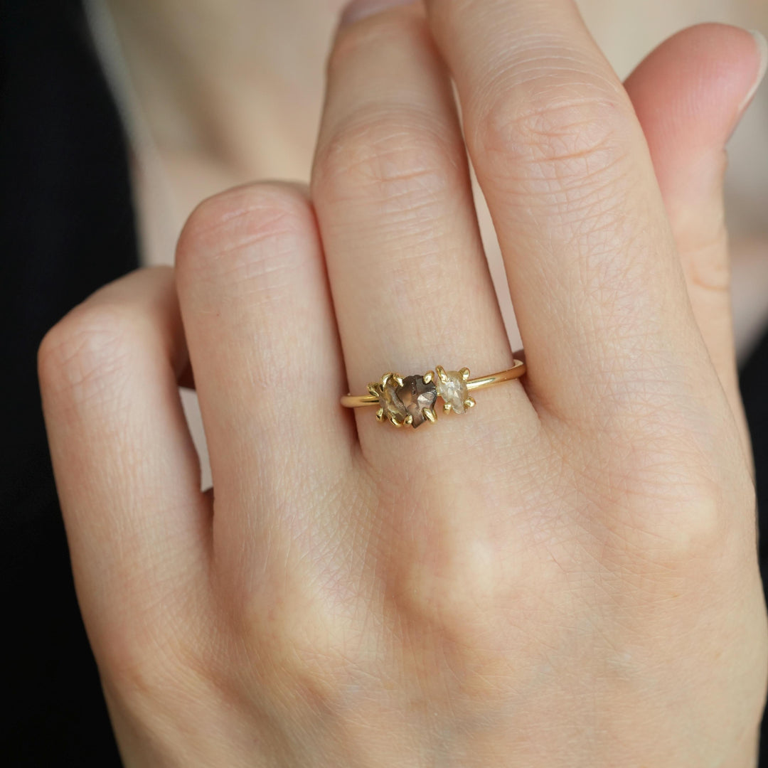 Brown Diamond Ring: RTS Solid 18k Yellow Gold Prong Set 3 Uncut Raw Brown Diamond Ring in US size 7.25 / UK size O