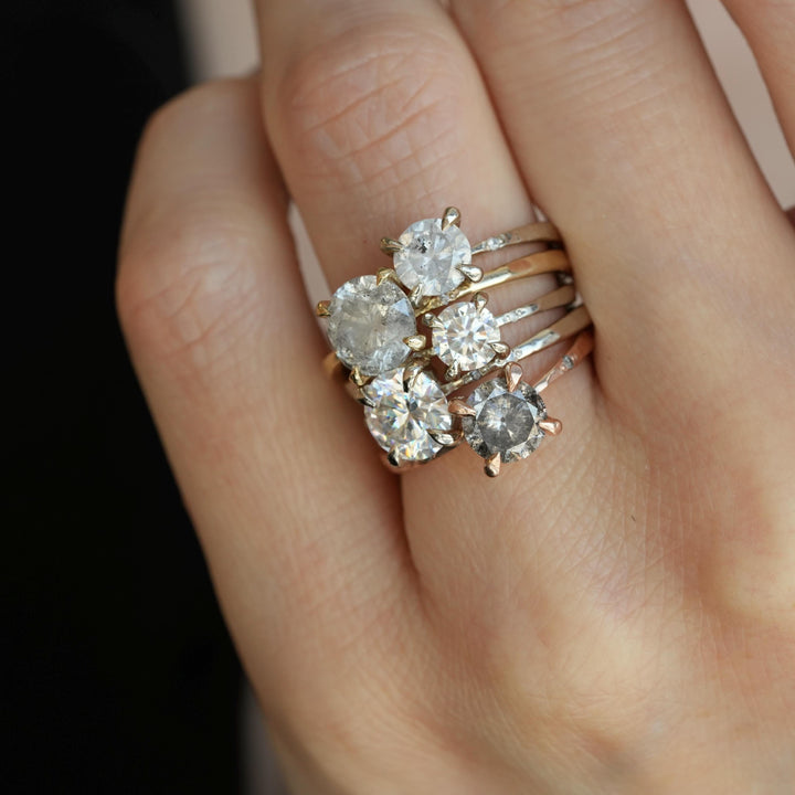 Galaxy Diamond Ring: RTS 14k Solid Yellow Gold 4 Prong Set Round Brilliant Cut Natural Salt and Pepper Diamond Ring in US size 6.75