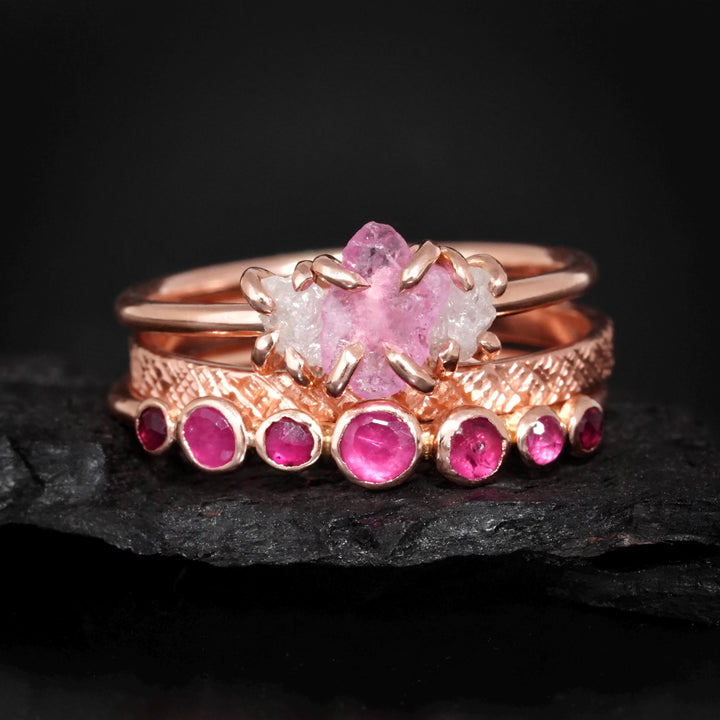 Pink Sapphire Ring: RTS Solid 14k Rose Gold Raw Uncut Pink Sapphire and Raw White Diamond 3 Stone Ring in US size 5 / UK size J 1/2