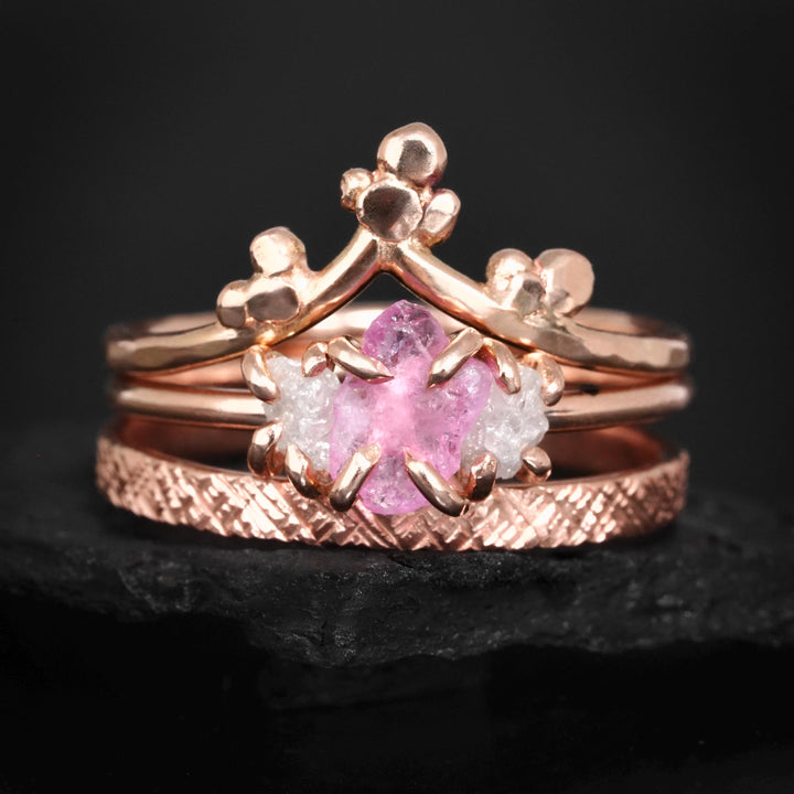 Pink Sapphire Ring: RTS Solid 14k Rose Gold Raw Uncut Pink Sapphire and Raw White Diamond 3 Stone Ring in US size 5 / UK size J 1/2
