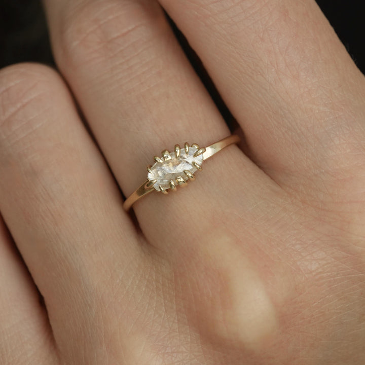 Diamond Crystal Ring: RTS 14k Solid Yellow Gold 12 Prong Set Natural Untreated and Uncut Raw Clear Diamond Ring in US size 5.75 / UK size L