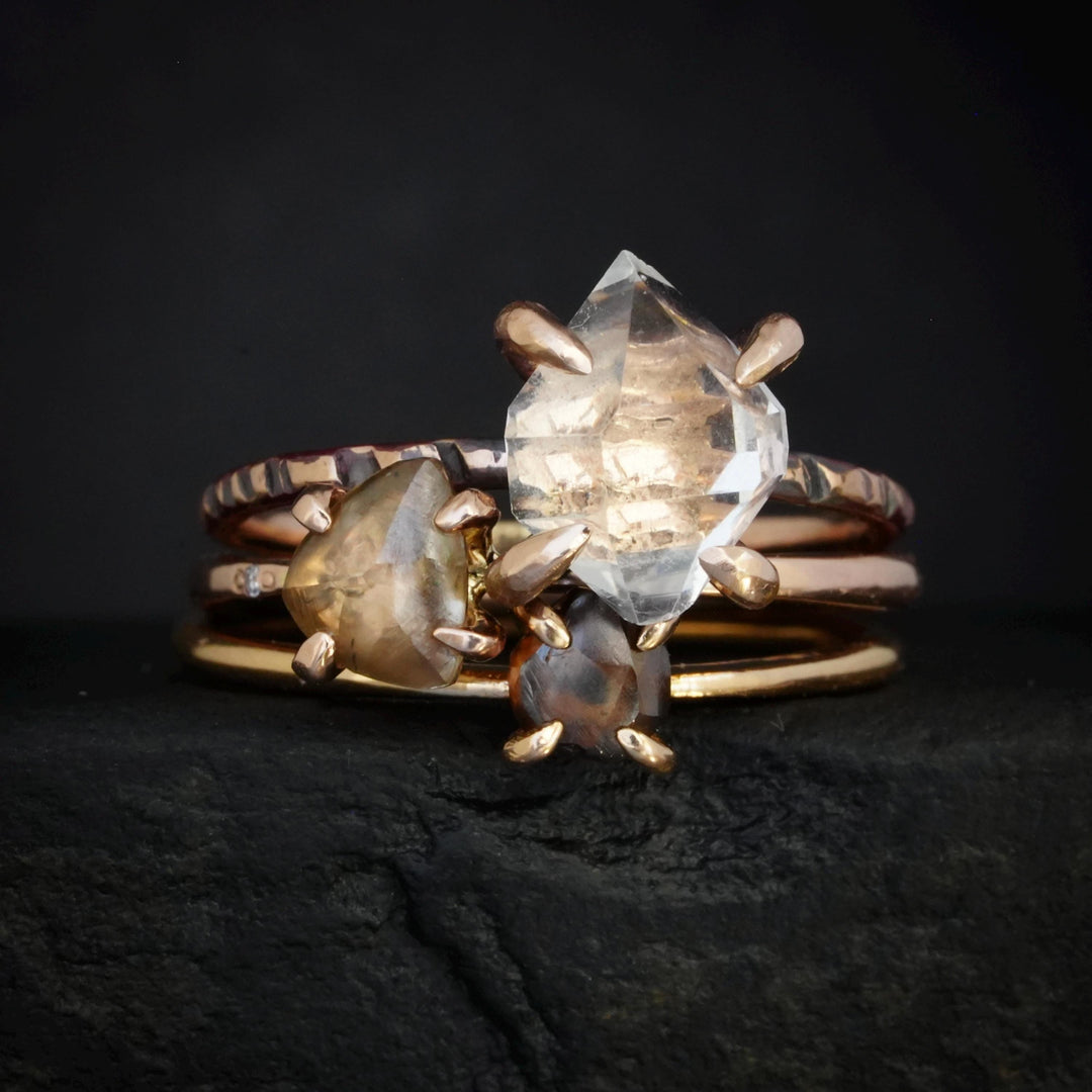 Brown Diamond Ring: RTS Solid 14k Rose Gold 4 Prong Set Natural Triangular Shape Raw Uncut Diamond Crystal Ring in US size 4.75