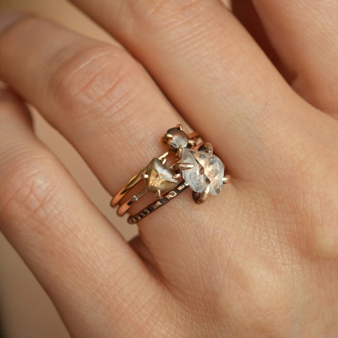 Brown Diamond Ring: RTS Solid 14k Rose Gold 4 Prong Set Natural Triangular Shape Raw Uncut Diamond Crystal Ring in US size 4.75