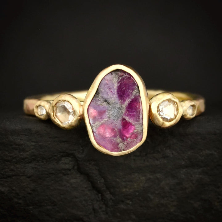 Ready to Ship Trapiche Ruby Ring. Matte Yellow Gold Oval Bezel Set Natural Trapiche Ruby Slice and Diamond Engagement Ring