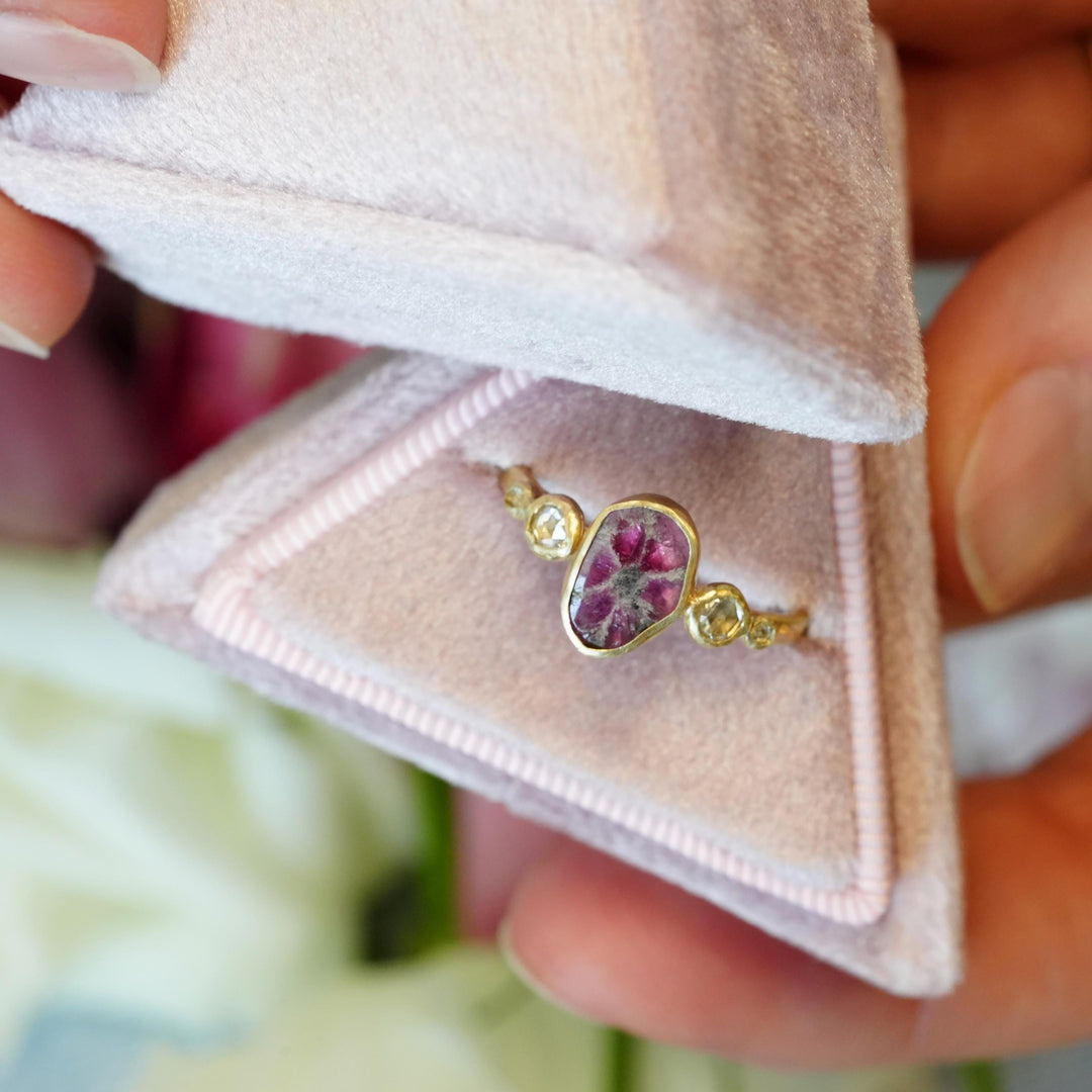 Ready to Ship Trapiche Ruby Ring. Matte Yellow Gold Oval Bezel Set Natural Trapiche Ruby Slice and Diamond Engagement Ring