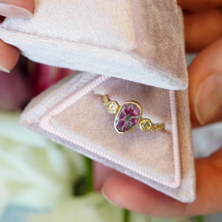 Ready to Ship Trapiche Ruby Ring. Matte Yellow Gold Oval Bezel Set Natural Trapiche Ruby Slice and Diamond Engagement Ring