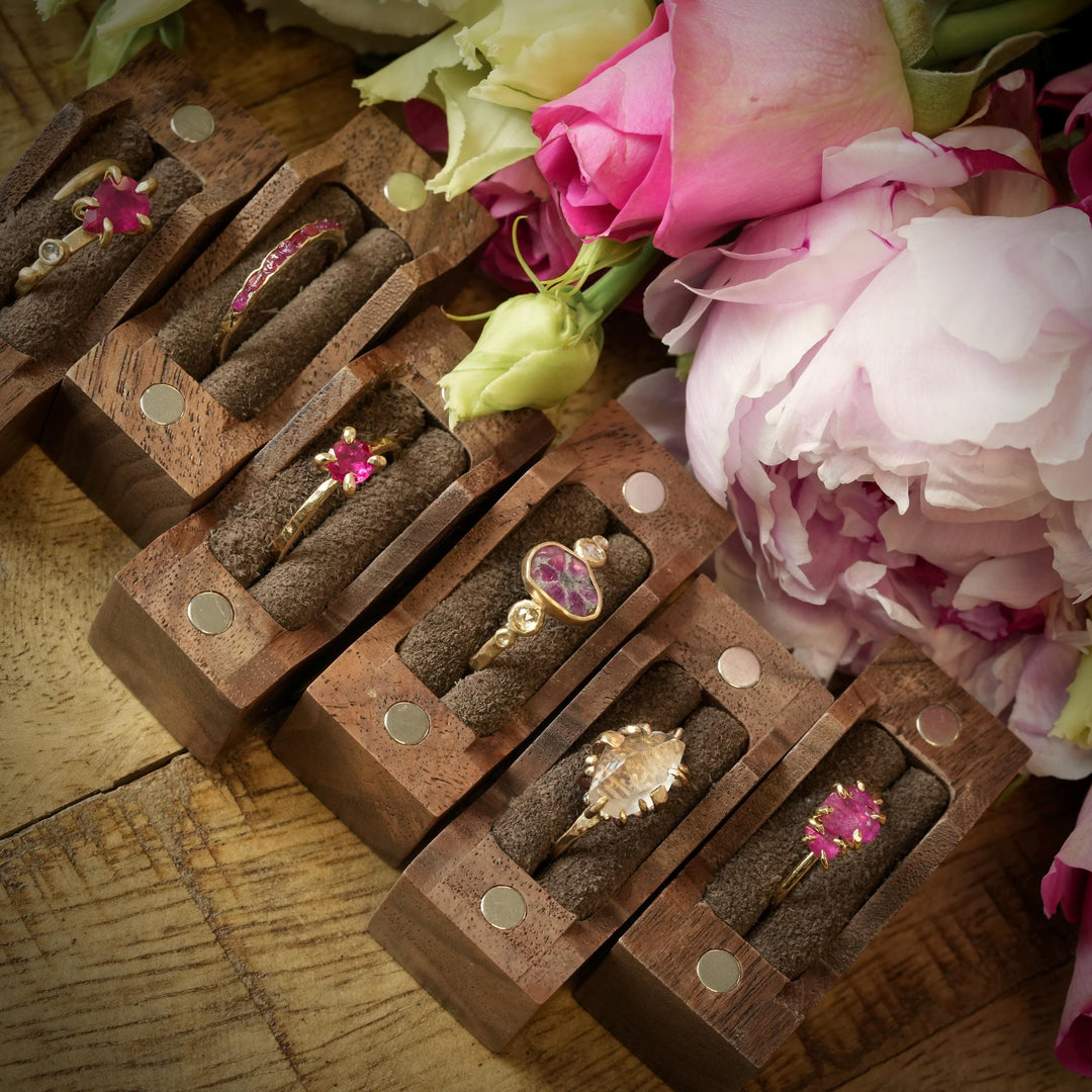 Ruby Ring: RTS 18k/750 Yellow Gold Prong Set Natural Uncut Ruby Crystal and Pear Shape Ruby 3 Stone Ring in US size 6.25 / UK size M