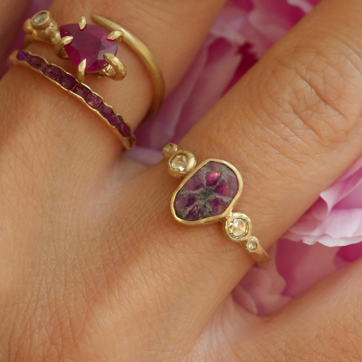 Ready to Ship Trapiche Ruby Ring. Matte Yellow Gold Oval Bezel Set Natural Trapiche Ruby Slice and Diamond Engagement Ring
