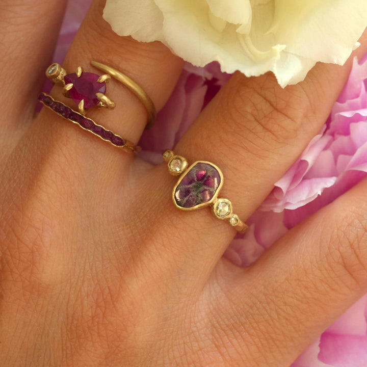 Ready to Ship Trapiche Ruby Ring. Matte Yellow Gold Oval Bezel Set Natural Trapiche Ruby Slice and Diamond Engagement Ring