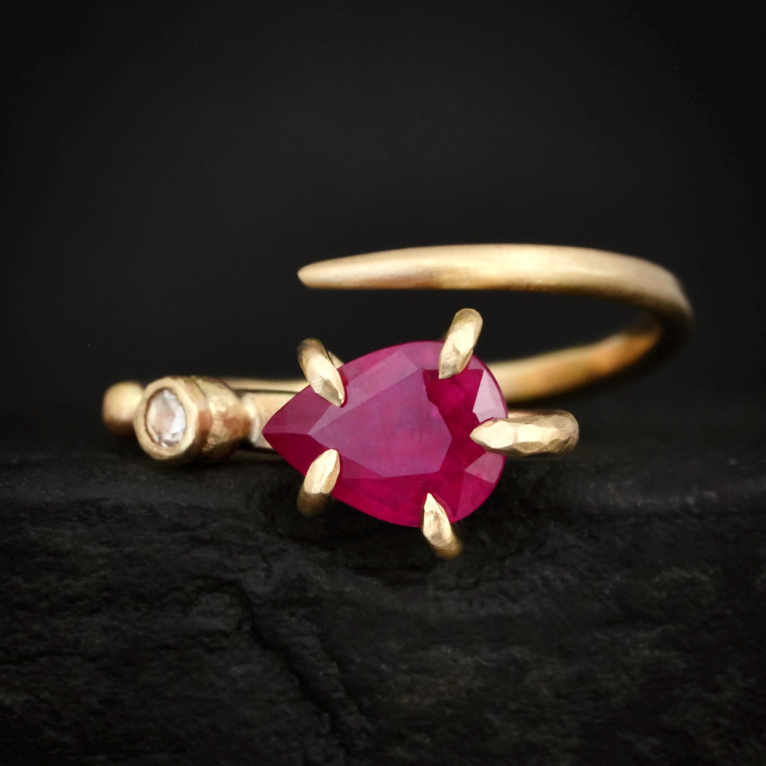 RTS Ruby Ring. US Size 5.5 - 7. 14k/585 Matte Yellow Gold Pear Ruby and Natural White Diamond Engagement Promise Ring. Adjustable Ruby Ring