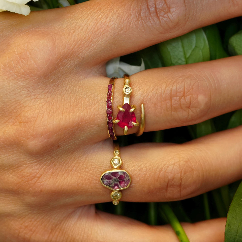 RTS Ruby Ring. US Size 5.5 - 7. 14k/585 Matte Yellow Gold Pear Ruby and Natural White Diamond Engagement Promise Ring. Adjustable Ruby Ring