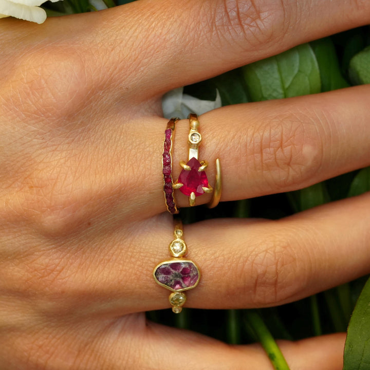 RTS Ruby Ring. US Size 5.5 - 7. 14k/585 Matte Yellow Gold Pear Ruby and Natural White Diamond Engagement Promise Ring. Adjustable Ruby Ring