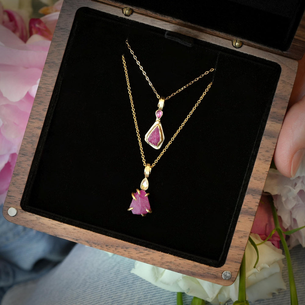Ready to Ship Ruby Necklace. 14k Yellow Gold Rustic Organic Raw Rough Ruby Crystal and Diamond Necklace. Raw Ruby Necklace. Ruby Necklace