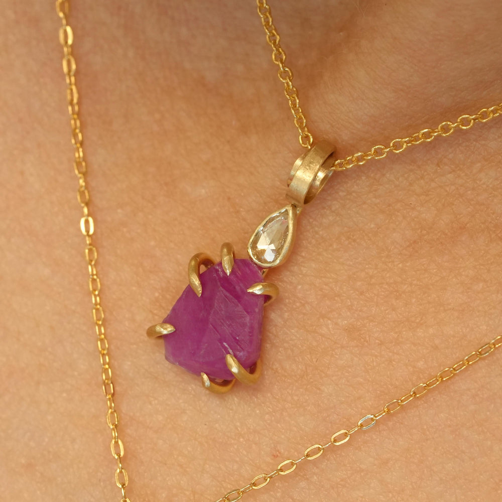 Ready to Ship Ruby Necklace. 14k Yellow Gold Rustic Organic Raw Rough Ruby Crystal and Diamond Necklace. Raw Ruby Necklace. Ruby Necklace
