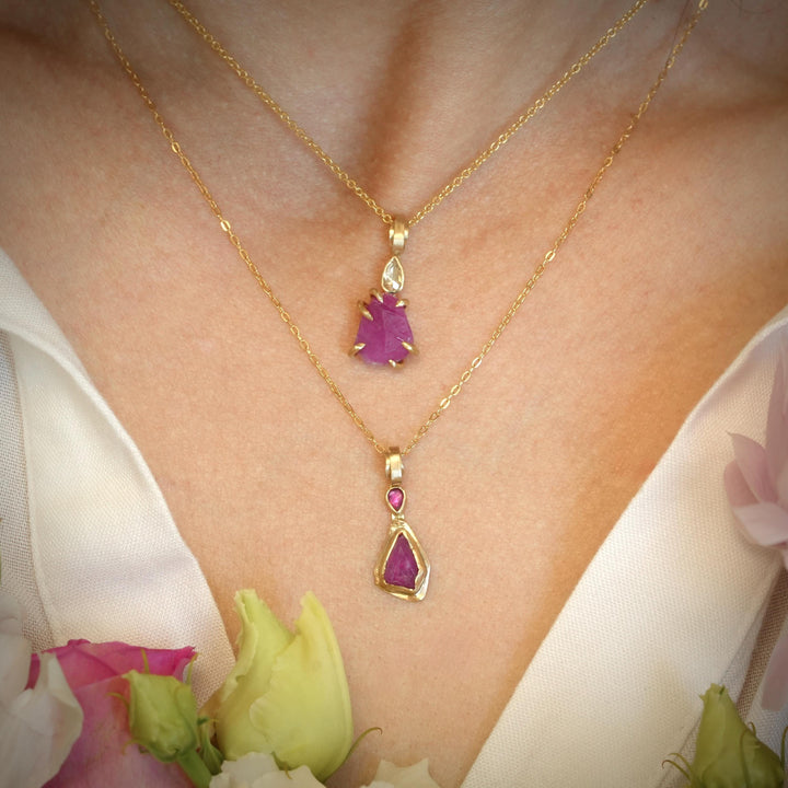 Ready to Ship Ruby Necklace. 14k Yellow Gold Rustic Organic Raw Rough Ruby Crystal and Diamond Necklace. Raw Ruby Necklace. Ruby Necklace