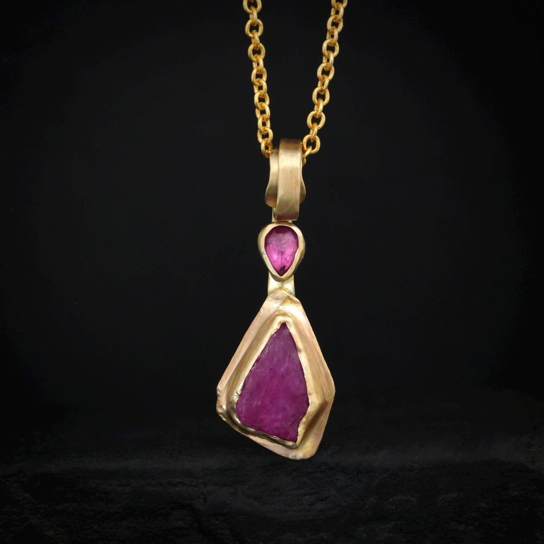 Ready to Ship Ruby Necklace. 14k Yellow Gold Rustic Organic Raw Rough Ruby Crystal and Diamond Necklace. Raw Ruby Necklace. Ruby Necklace