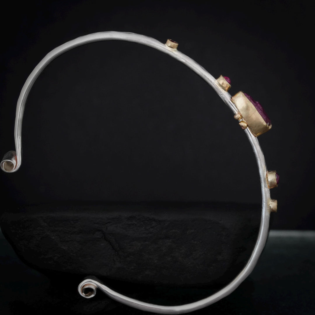 Ready To Ship Ruby Cuff Bracelet. 925 Silver and 14k Gold Raw Uncut Natural Untreated Ruby Crystal and Round Ruby Hammered Cuff Bracelet